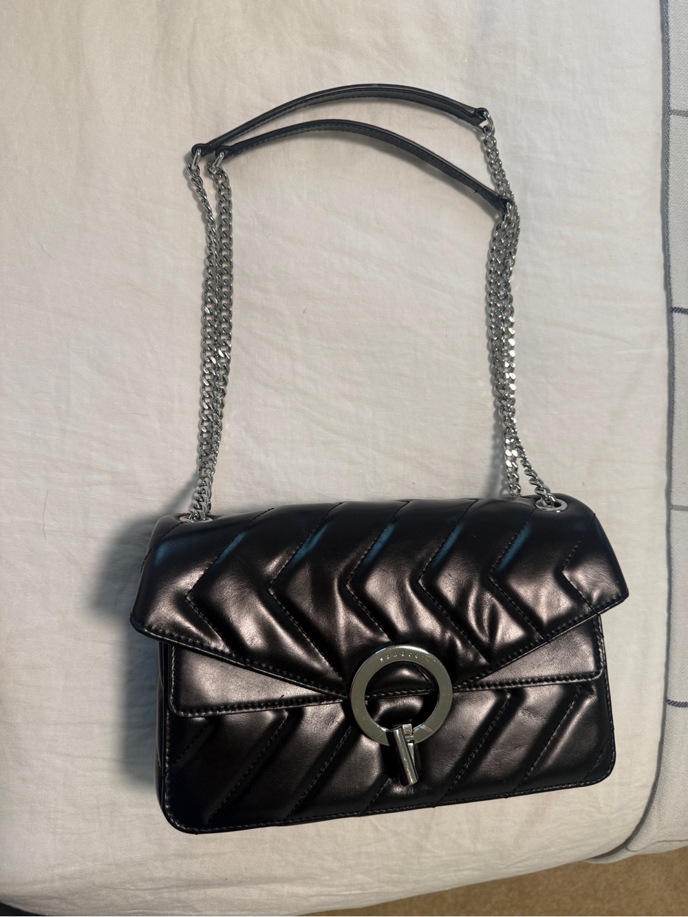Sandro Quilted Black Chain Shoulder Bag with Silver Ring Accent